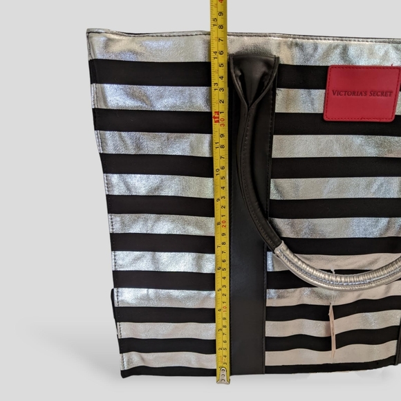 Victoria's Secret X-Large Black Metallic Silver Horizontal Striped Tote Bag - Picture 5 of 11